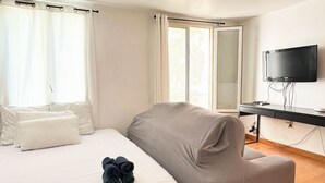 Ein Schlafzimmer mit einem Bett, einem grauen Sofa, einem Fernseher und einem Schreibtisch.