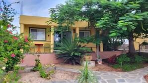 A yellow building with a garden in front, including a large tree and various plants. - Siren Casita - Incredible Ocean Views, A/C & Heated Saltwater Pool (Todos Santos)