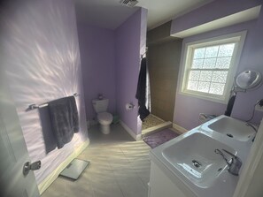 Shower, hair dryer, towels, toilet paper