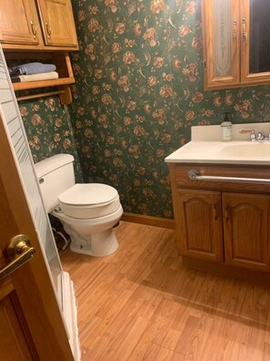 Regadera, toallas, papel de baño 