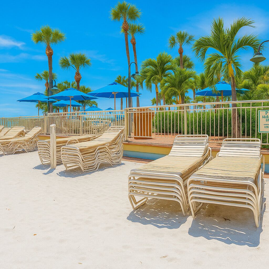 A beachside area with lounge chairs and umbrellas, palm trees, and a clear blue sky.