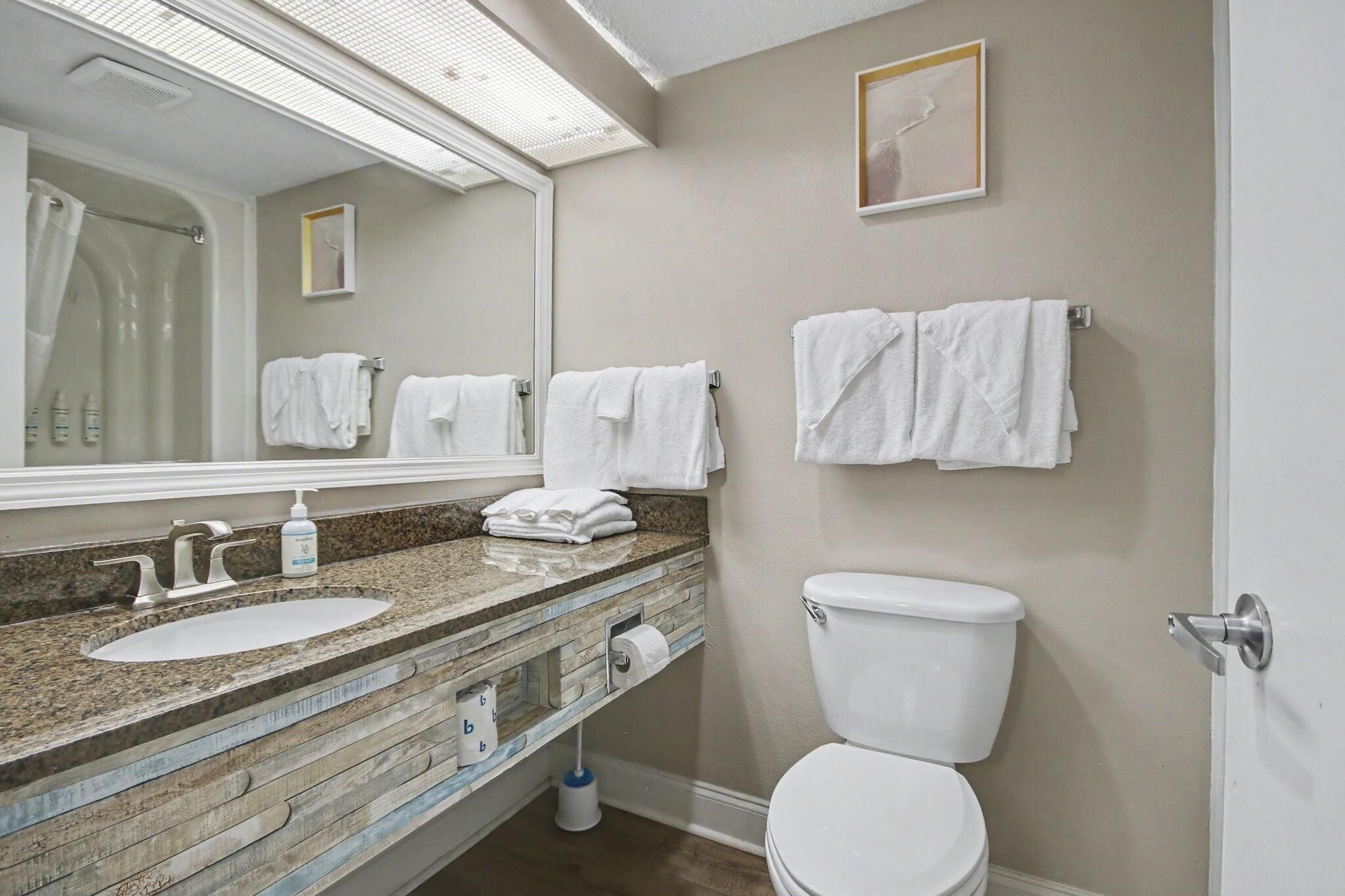 Ein Badezimmer mit Waschbecken, Spiegel, Handtuchhalter, Toilette und einem gerahmten Bild an der Wand.