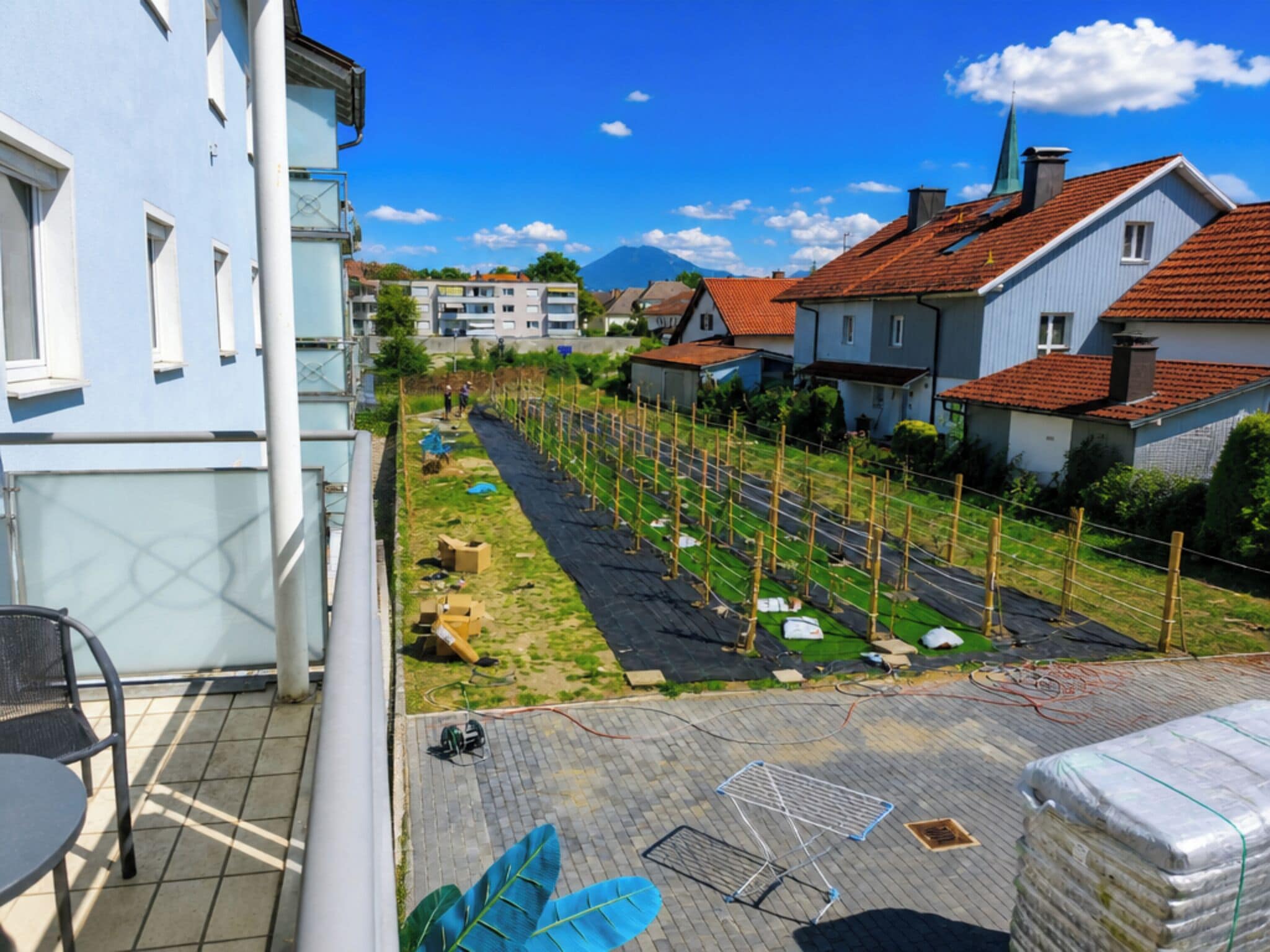 A residential area with houses, a garden, and a clear sky.