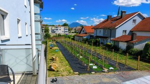 A residential area with houses, a garden, and a clear sky. - 1OG R City Wohnung Balkon nähe Salzburg (Freilassing)