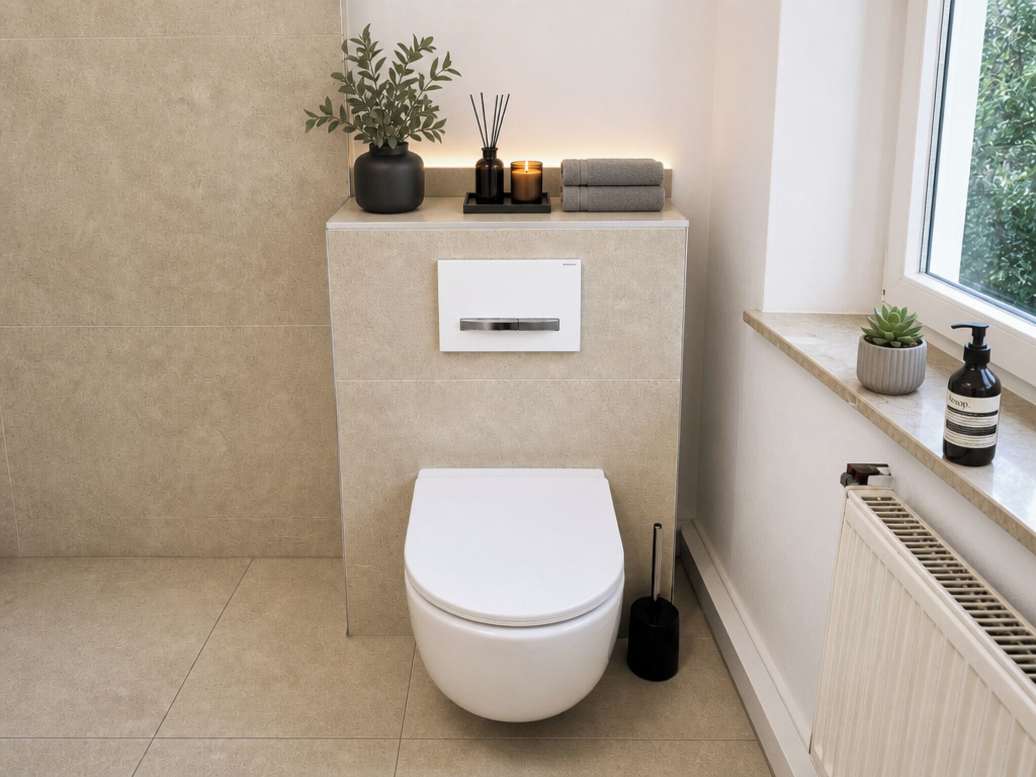 Een moderne badkamer met toilet, wastafel en raam.