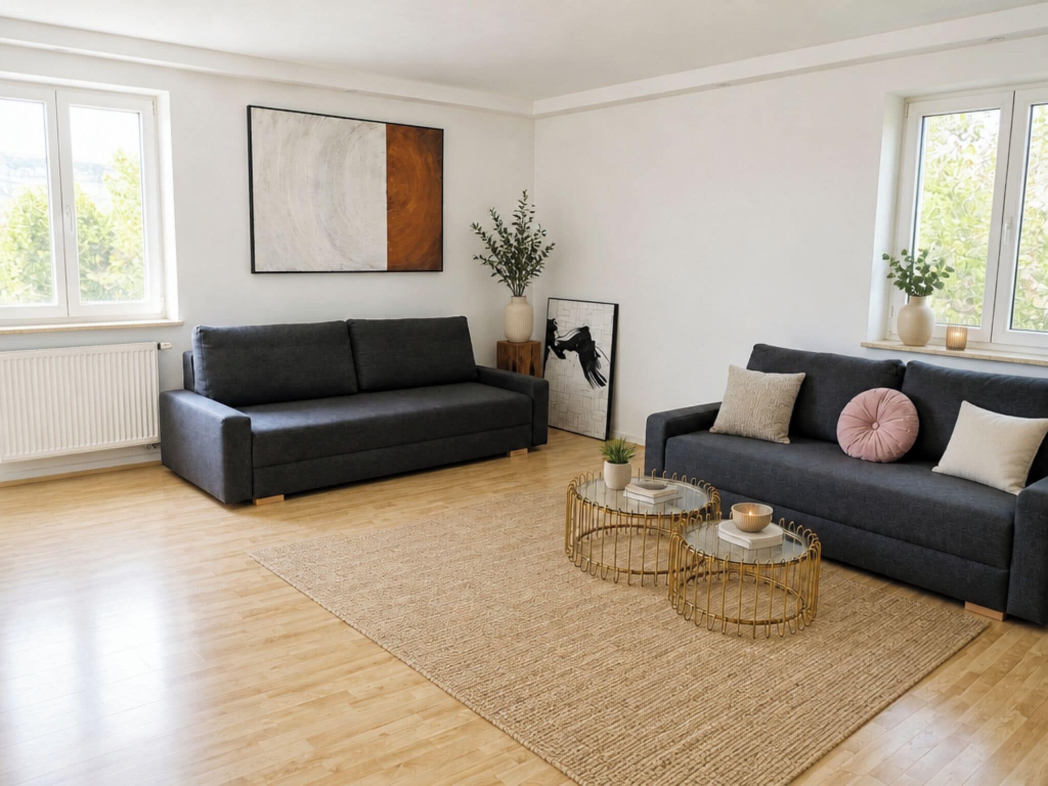 A modern living room with two sofas, a coffee table, and a painting on the wall.
