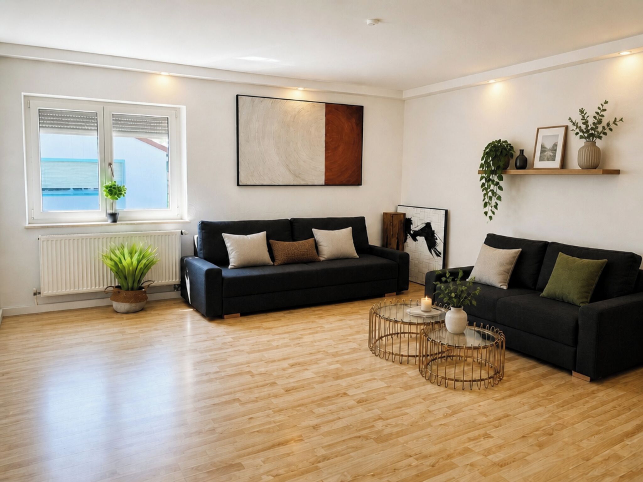 Moderni olohuone, jossa on kaksi mustaa sohvaa, lasinen sohvapöytä ja suuri abstrakti taulu seinällä.