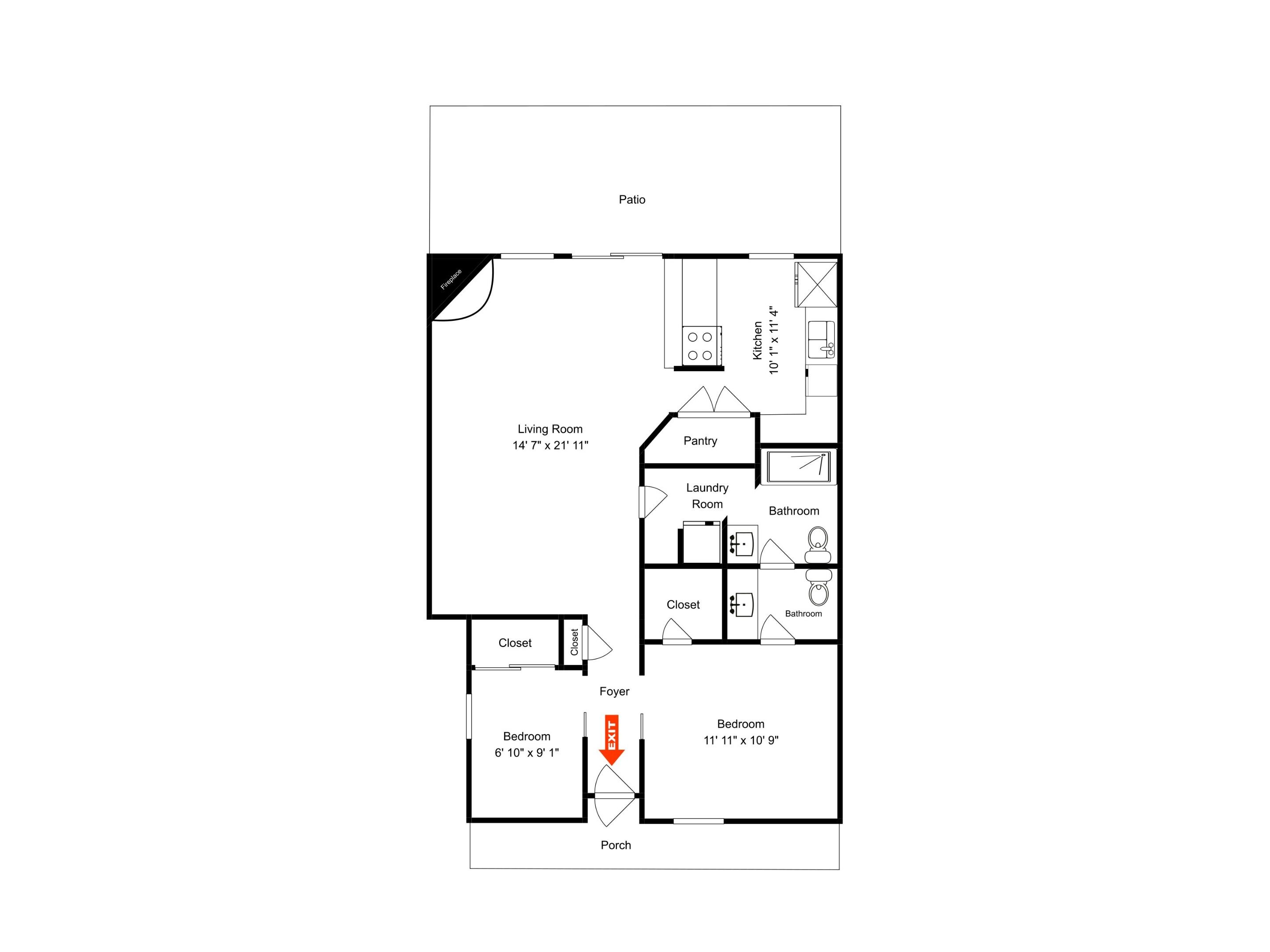 A floor plan of a house with a living room, kitchen, two bedrooms, a bathroom, and a foyer.