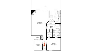A floor plan of a house with a living room, kitchen, two bedrooms, a bathroom, a laundry room, and a foyer. - Casa Cielo (Santa Fe)