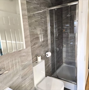 Une salle de bain moderne avec une douche à parois de verre, des toilettes et un lavabo.