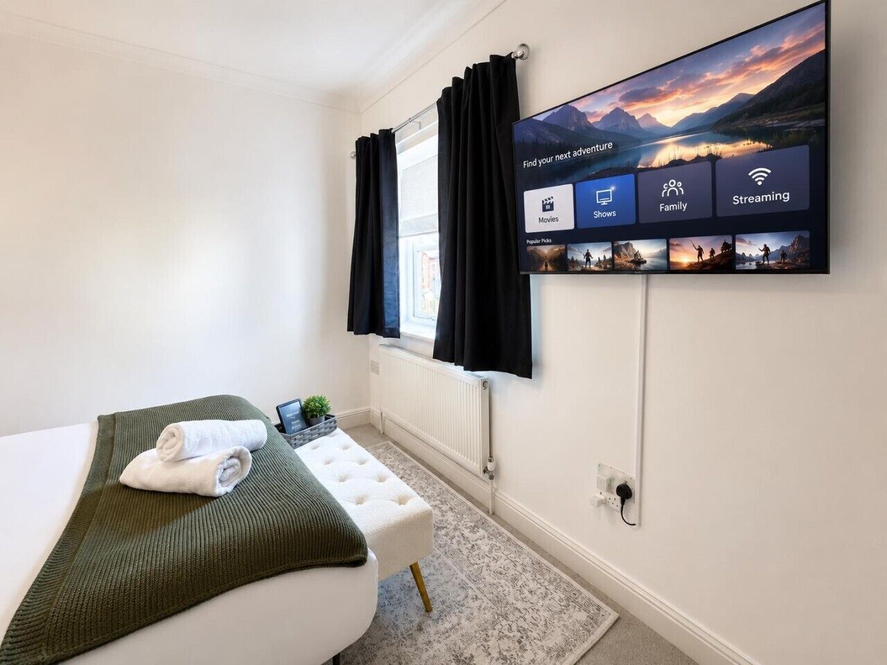 Une chambre d’hôtel avec un lit, un téléviseur fixé au mur diffusant un paysage pittoresque, une fenêtre avec des rideaux noirs et un radiateur.