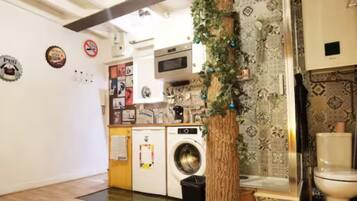 Regadera, secadora de cabello, toallas, jabón