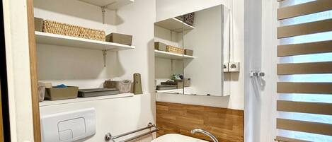 Shower, towels, soap, toilet paper