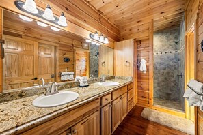 Shower, towels - Majestic View Lodge | Luxury Cabin w/ Golf Simulator, Sauna, Hot Tub & Views (Sevierville)