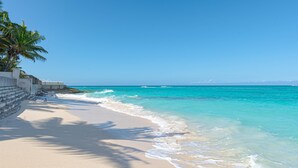 Ein Strand mit klarem türkisblauem Wasser, einem Sandufer und einer Palme.