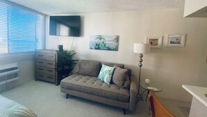 Una sala de estar con un sofá, un televisor, una planta y una lámpara.