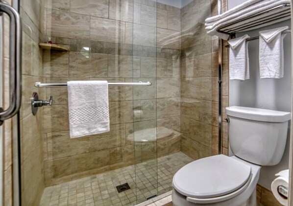 Combined shower/bathtub, free toiletries, hair dryer, towels