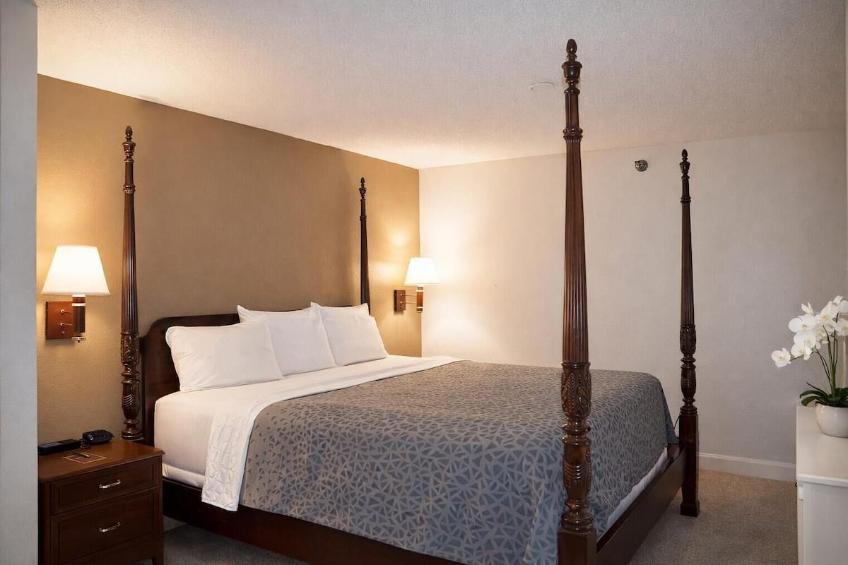 Un lit à baldaquin avec une couvre-lit à motifs, deux lampes de chevet, une table de chevet avec une télécommande et une orchidée en pot sur le côté droit.