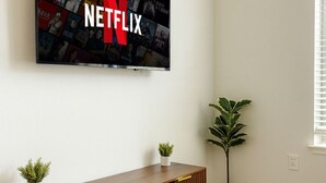 En moderne stue med et fladskærms-tv på væggen, der viser Netflix-logoet, et træunderholdningsmøbel med to plantekasser, og et stort vindue med persienner.