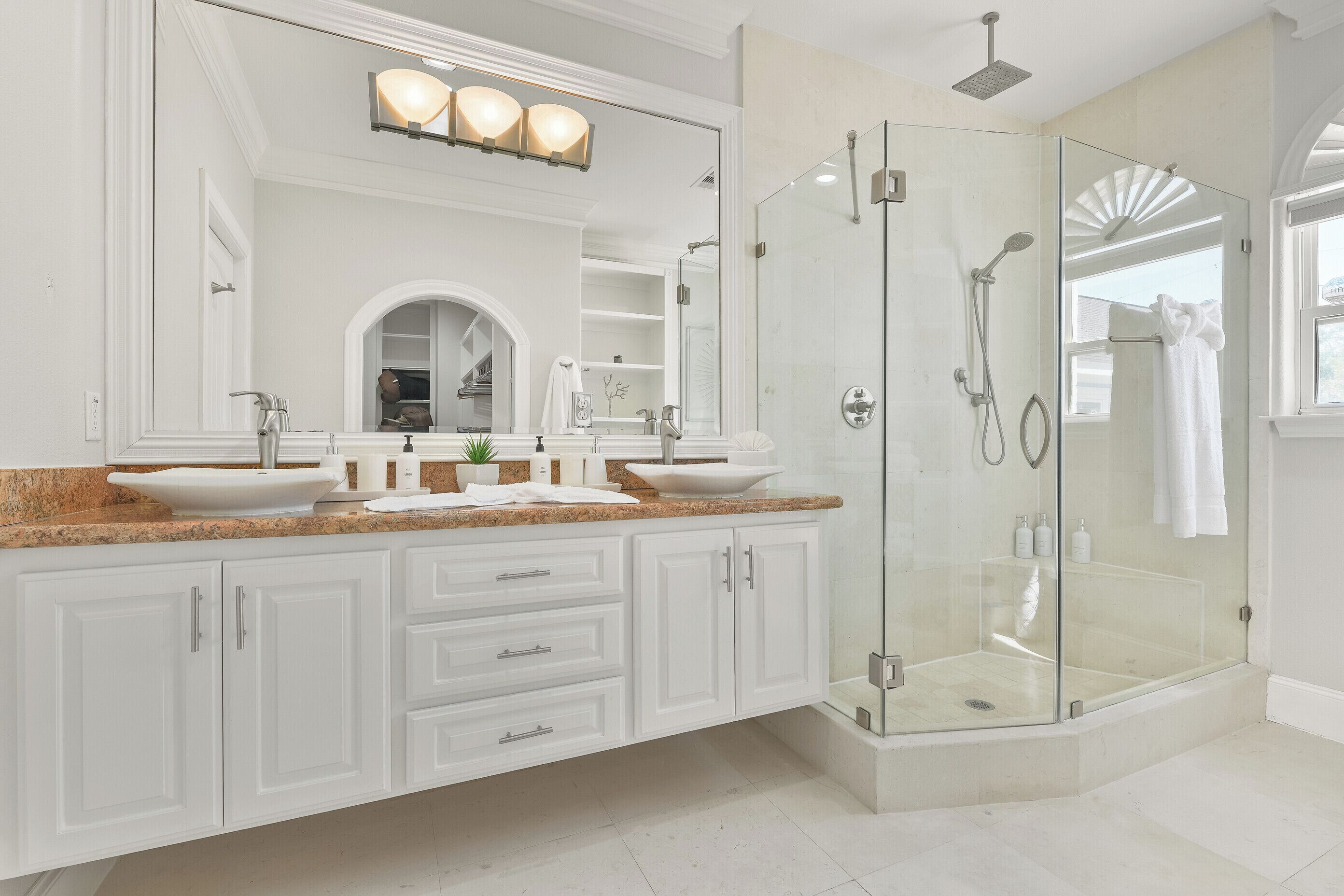 Shower, hair dryer, soap, shampoo