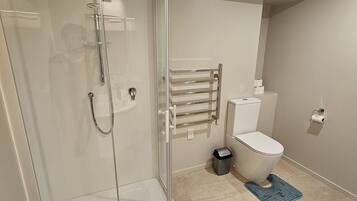 Een haardroger, handdoeken, zeep, toiletpapier