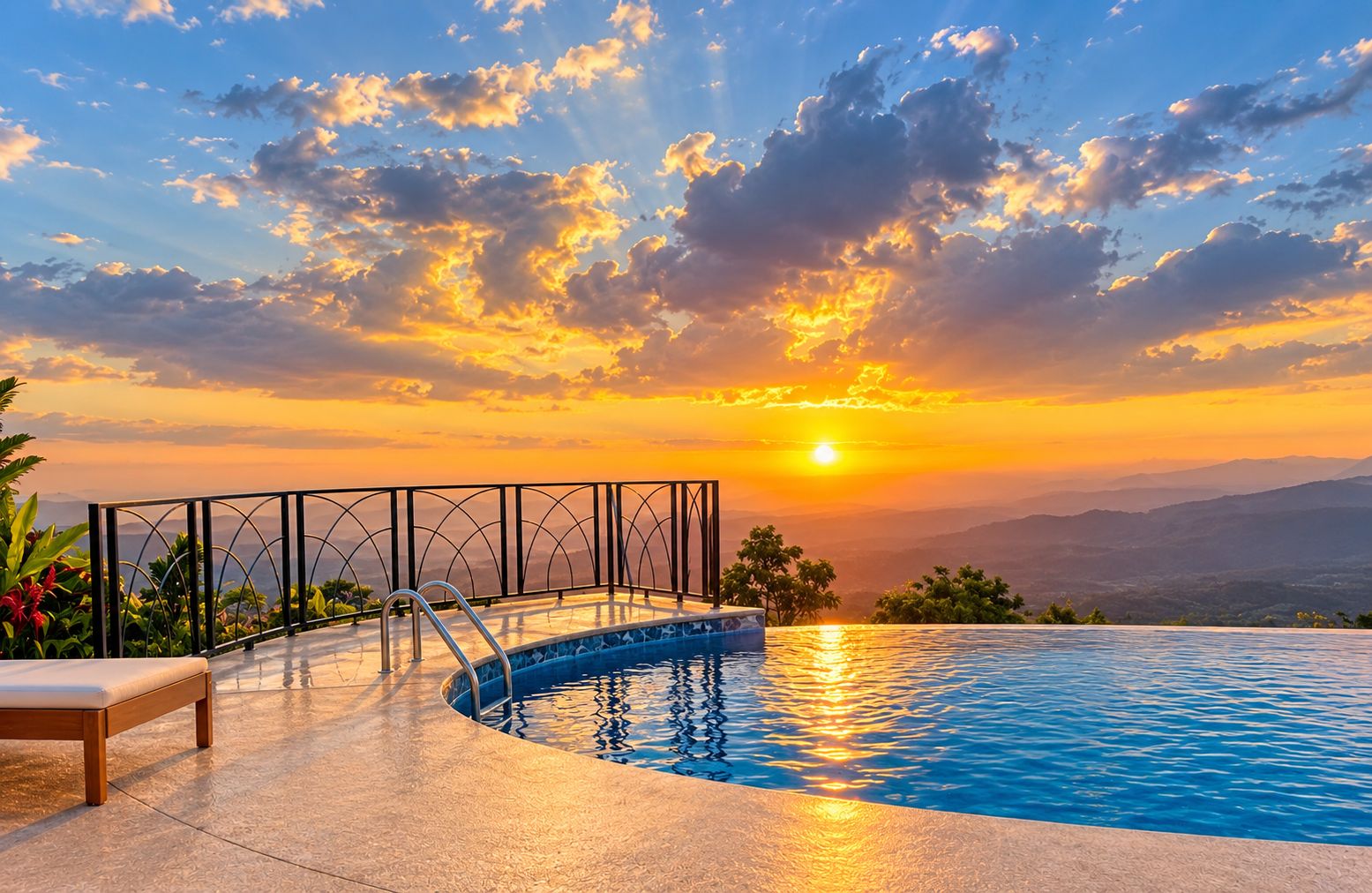 An infinity pool with a view of the sunset and mountains.