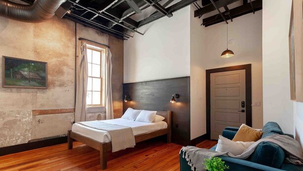Una habitación con una cama, un sofá, una mesita con una planta, un cuadro en la pared y una puerta.
