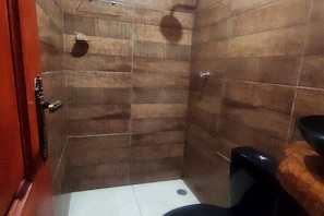 Une salle de bain avec douche, toilettes et lavabo.