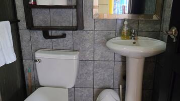 Un bagno con il water, un lavandino e uno scaffale con asciugamani e articoli da toilette.