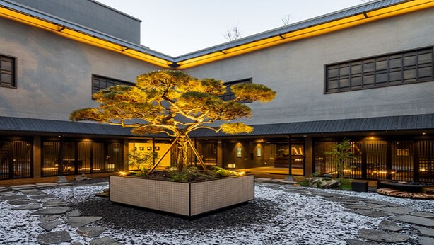 Un cortile con un albero al centro, vialetti in pietra e un edificio con ampie finestre e illuminazione calda.