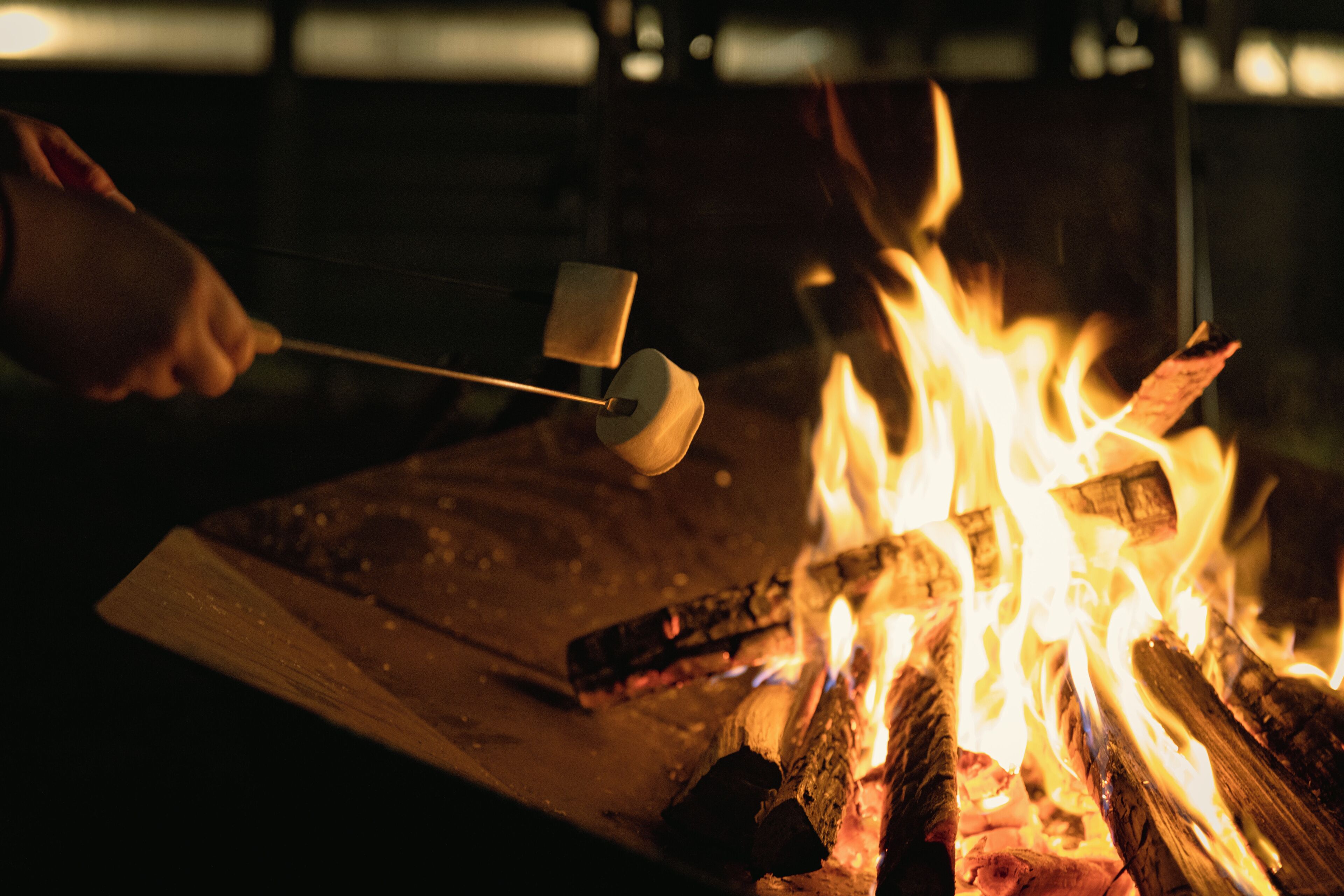 A person roasting marshmallows over a campfire.