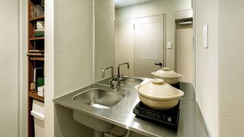 Mini-fridge, microwave, stovetop, electric kettle