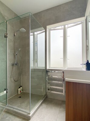 Shower, hair dryer, towels, soap