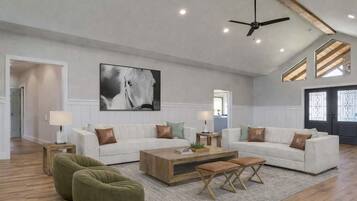 Télévision, cheminée, baby-foot, espaces bureaux