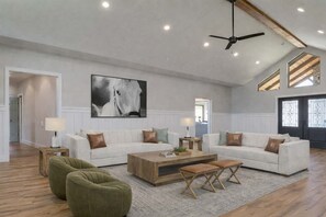 TV, fireplace, foosball, offices