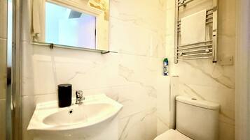 Hair dryer, towels, soap, toilet paper