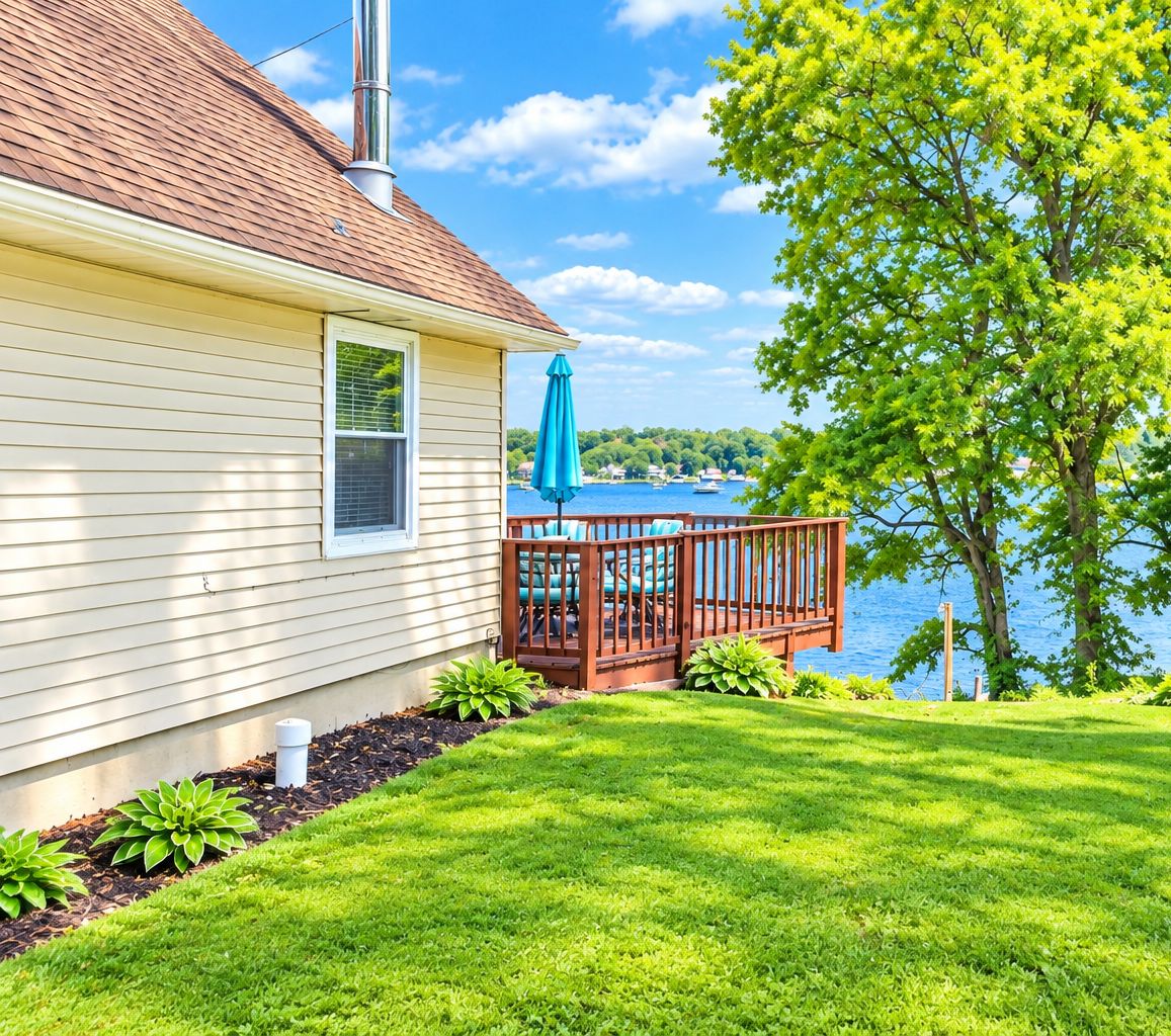 A house with a deck, a window, and a view of a body of water.