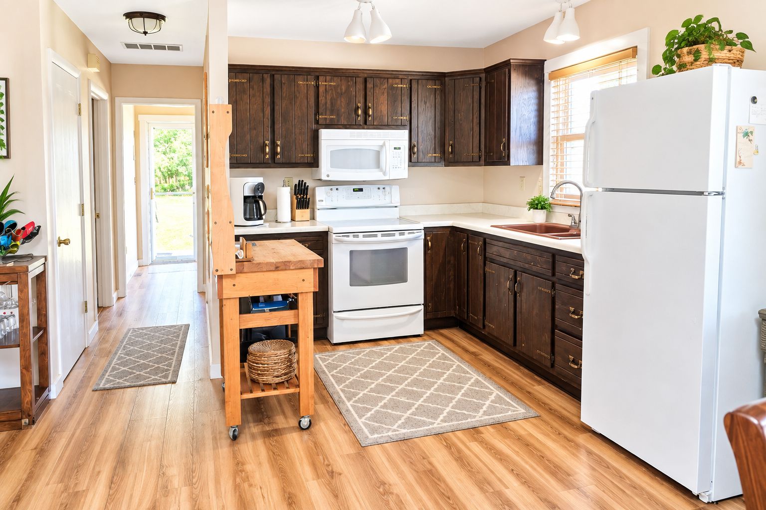 A kitchen with dark wooden cabinets, a white refrigerator, a microwave, an oven, and a sink.
