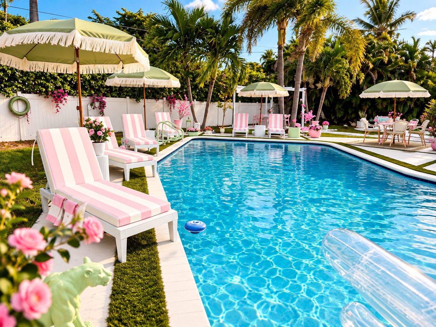 A swimming pool with lounge chairs and umbrellas, surrounded by palm trees and flowers.