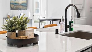 A modern kitchen with a white countertop, a black sink, and a potted plant. - 1Bed Apt, Gym | Lowry Hill | Theater (Minneapolis)