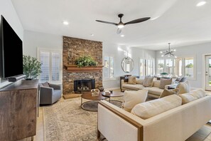 TV, offices - Scottsdale Grand Getaway with Private Yard, Heated Pool, Billiards, and Putting Green (Scottsdale)