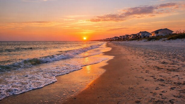 Ein Strand bei Sonnenuntergang, mit sandigem Ufer und Häusern am Wasser.