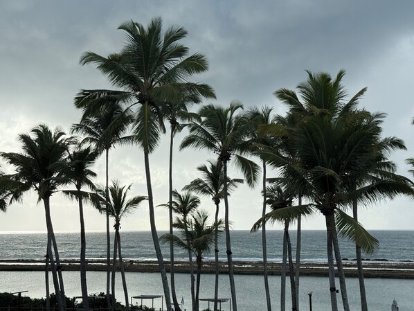 On the beach, white sand, free beach cabanas, sun-loungers