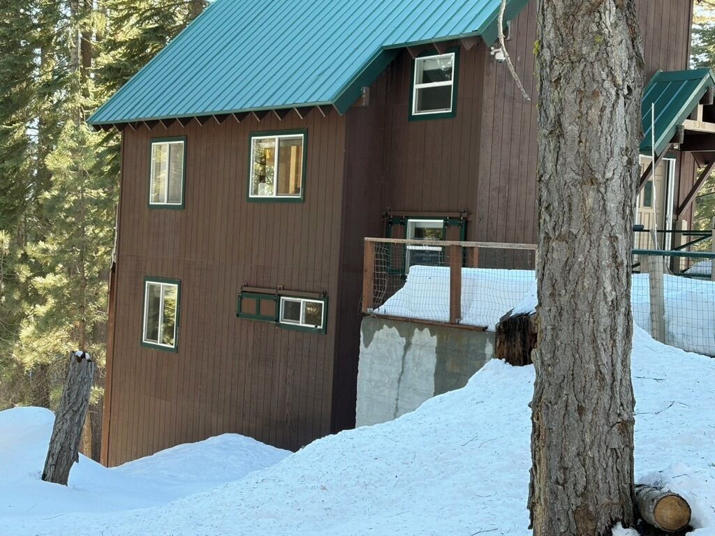 A wooden cabin with a green roof, surrounded by snow and trees.