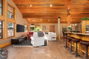 Smart TV, fireplace, DVD player, books