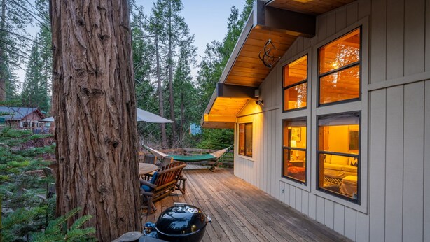 Eine Holzterrasse mit einer Hängematte, einem Grill und einem großen Baum.