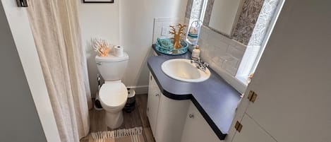 Hair dryer, towels, soap, toilet paper