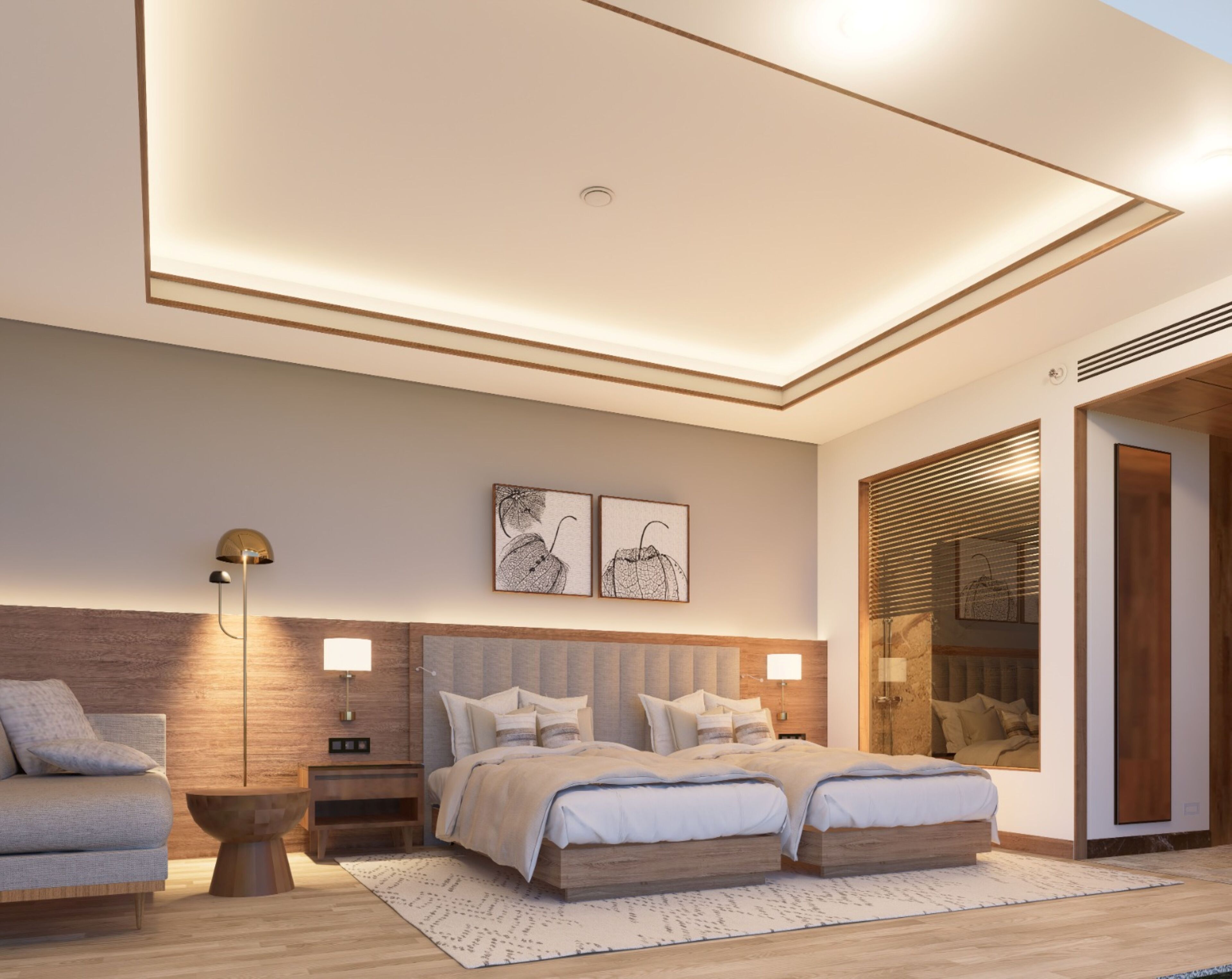 ميني بار ومكتب ومساحة عمل للكمبيوتر المحمول وستائر تعتيم