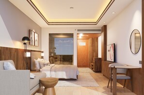 Minibar, desk, laptop workspace, blackout drapes