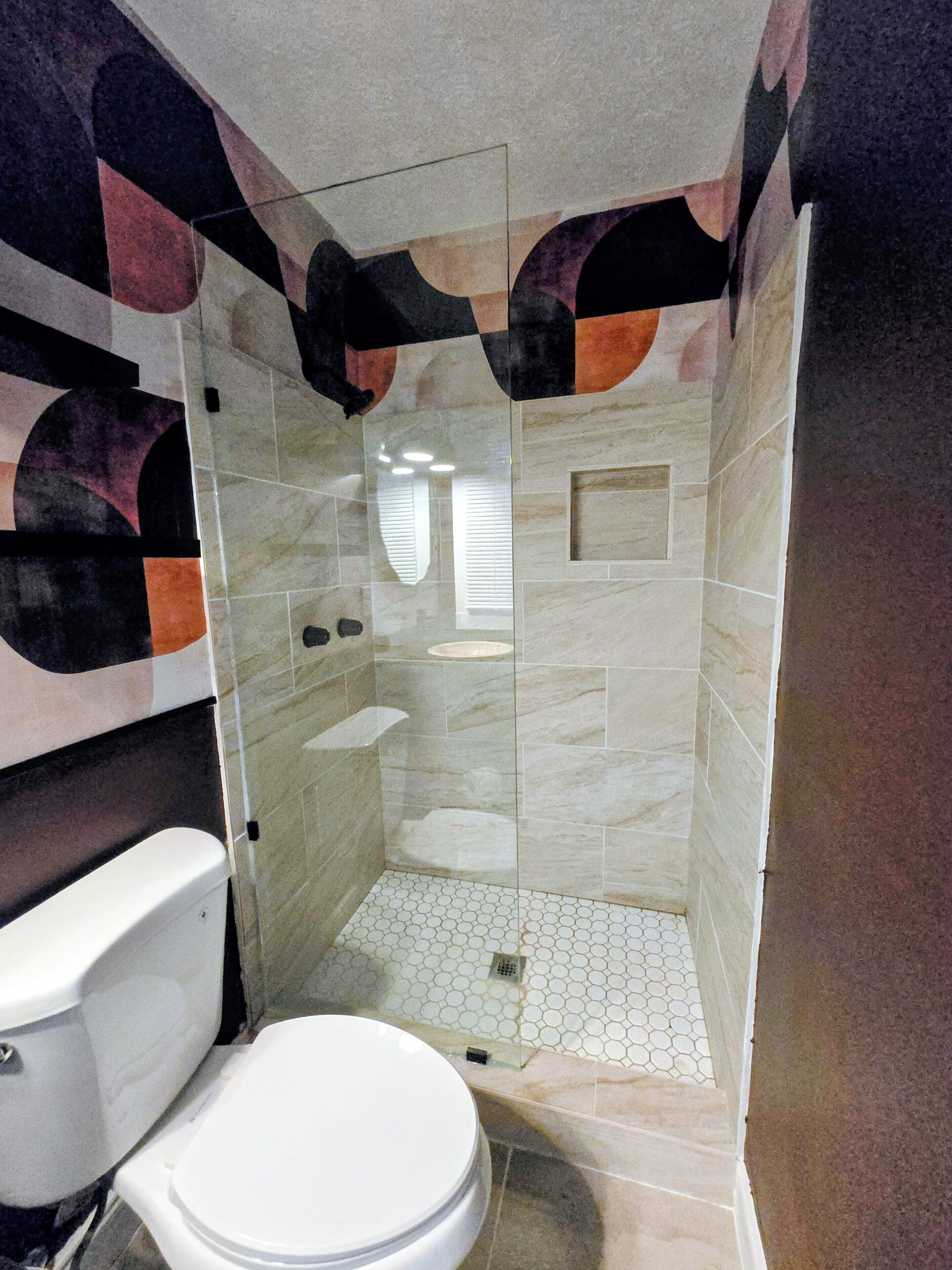 Shower, towels, soap, toilet paper